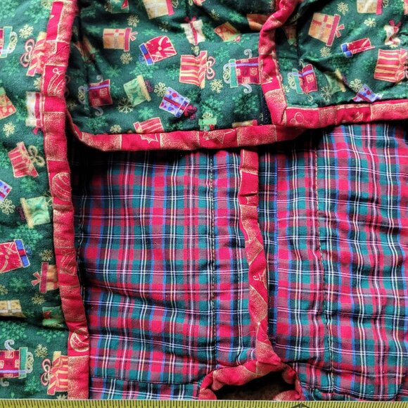 Square Quilted Christmas Tree Skirt Collar Gift Print Plaid Hand‎ Made 24" - Picture 8 of 9